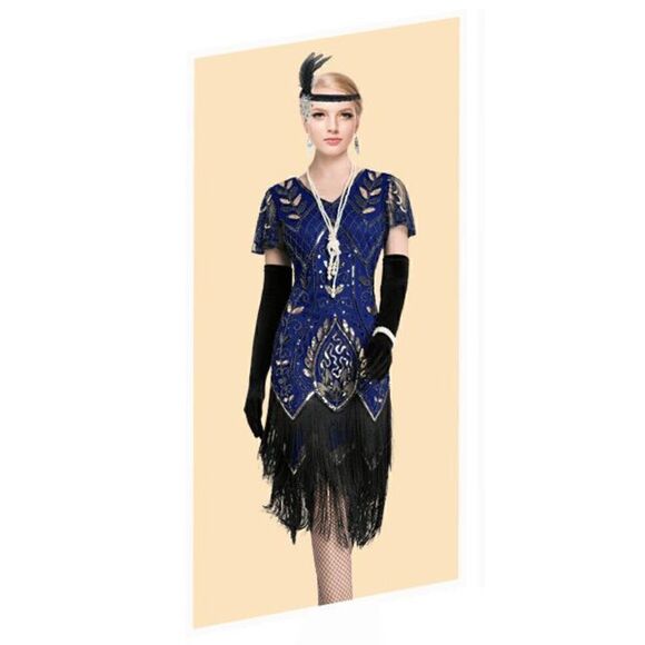 ✨💙 Flapper Great Gatsby 1920s Retro Tassel Fringe Sequin Blue Dress XL NEW - Picture 7 of 15